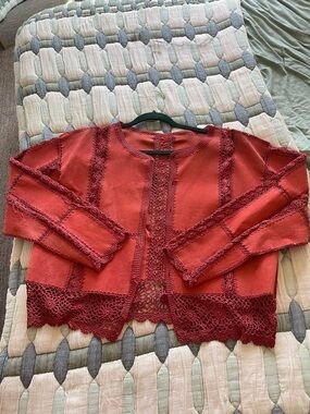 Crochet Trim Open Cardigan - Rust Red